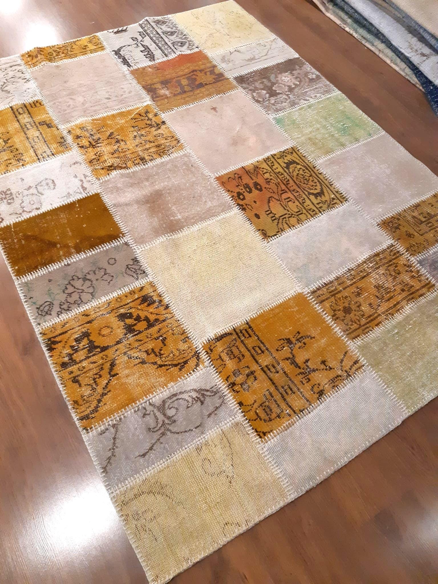5.4x7.4, Handmade Wool Turkish Patchwork Rug – Vintage, Bohemian, One-of-a-Kind Area Rug