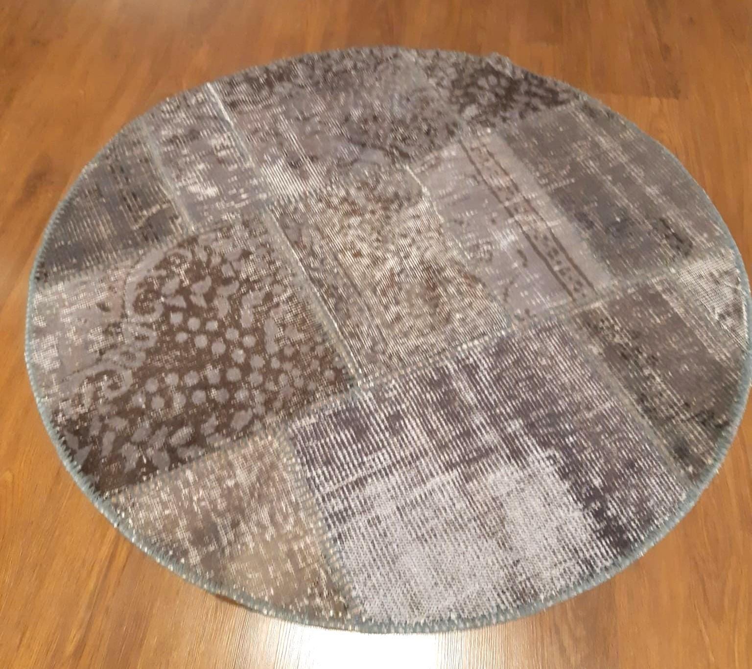Handmade Wool Turkish Rug: 3.7 ft Round Patchwork Bohemian Area Rug