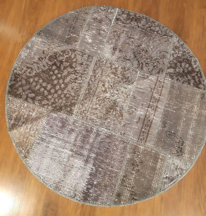 Handmade Wool Turkish Rug: 3.7 ft Round Patchwork Bohemian Area Rug