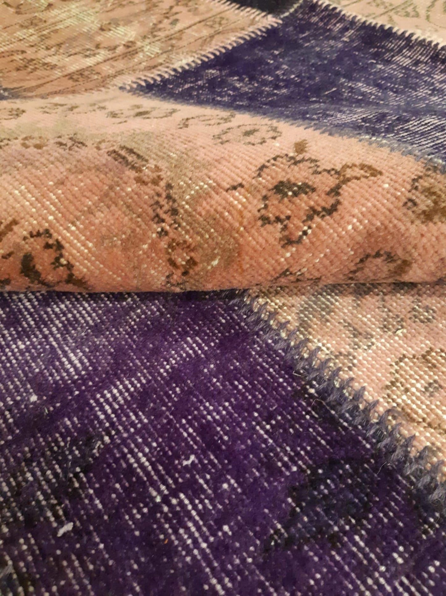 Handmade Purple Patchwork Wool Rug: Bohemian Turkish Rug (4.5'x6.6' ft)