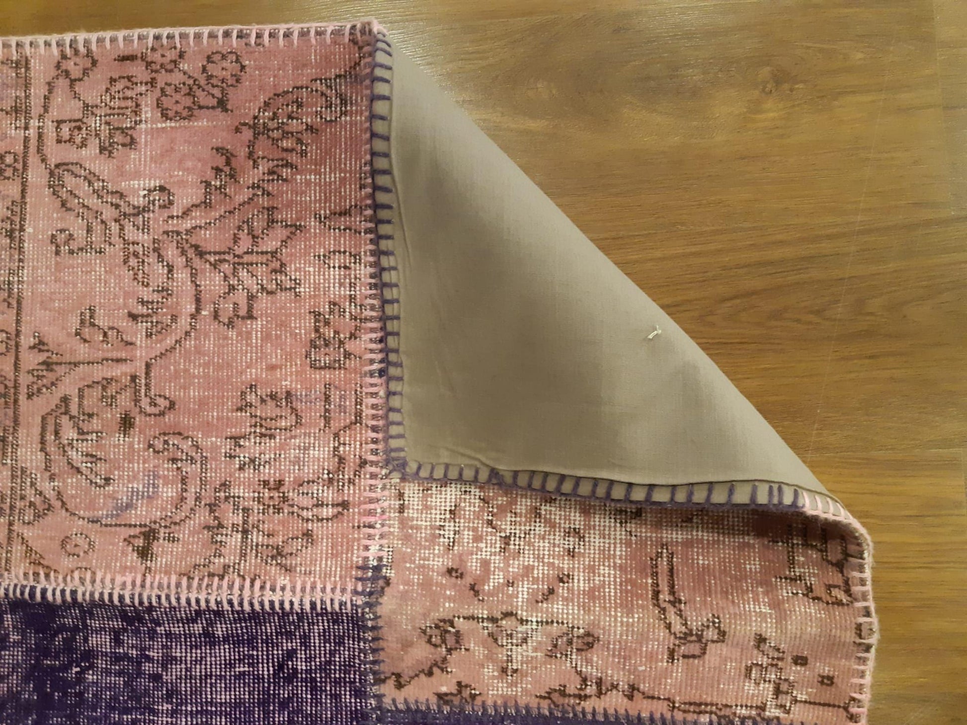Handmade Purple Patchwork Wool Rug: Bohemian Turkish Rug (4.5'x6.6' ft)