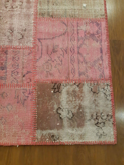Pink Patchwork Rug: 4x6 ft, Handmade Wool Bohemian Area Rug