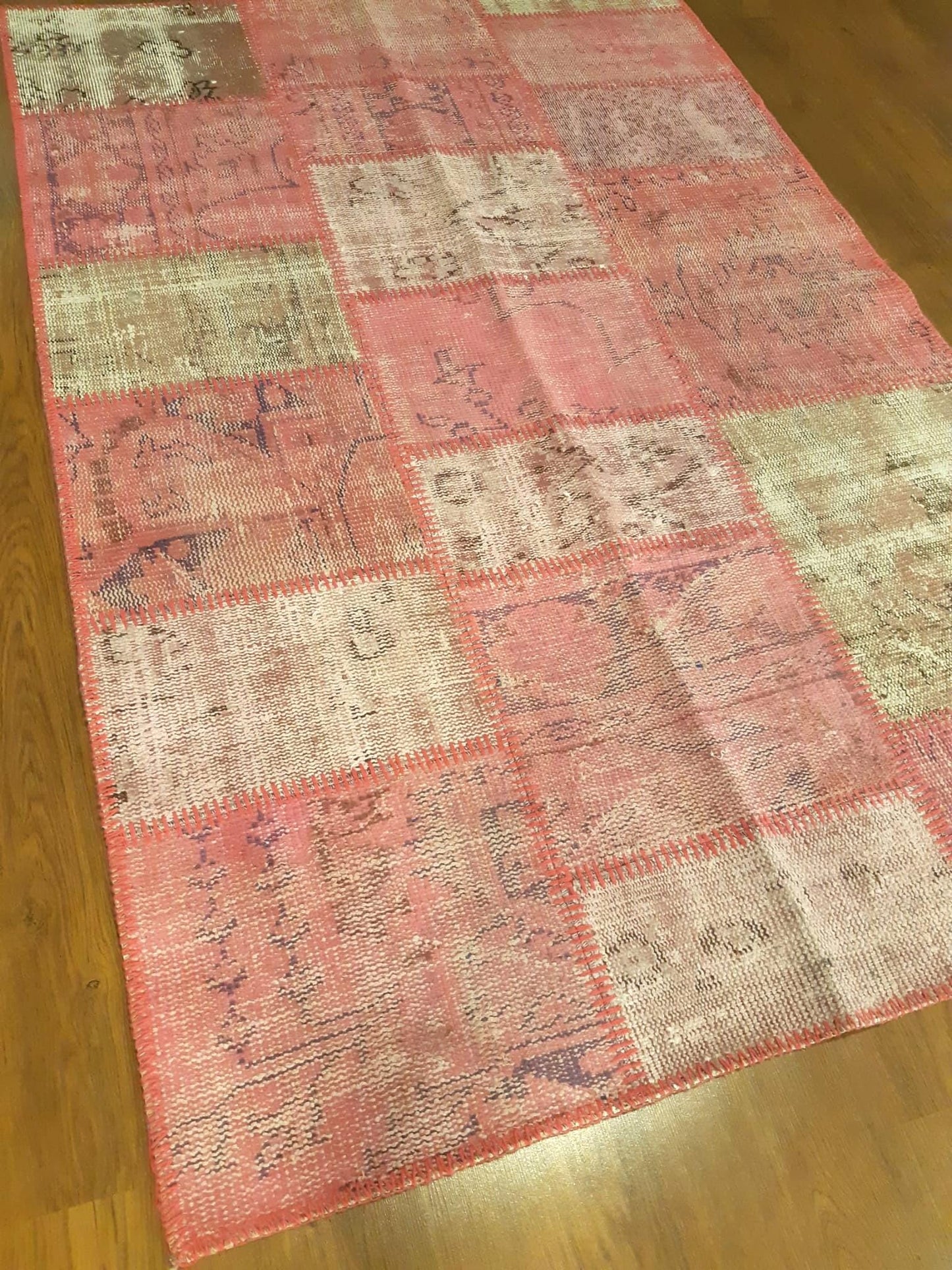 Pink Patchwork Rug: 4x6 ft, Handmade Wool Bohemian Area Rug