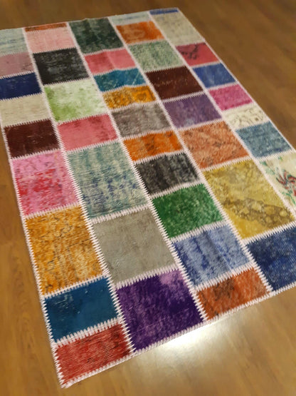 Handmade Wool Patchwork Rug: 4x6 ft Bohemian Turkish Rug