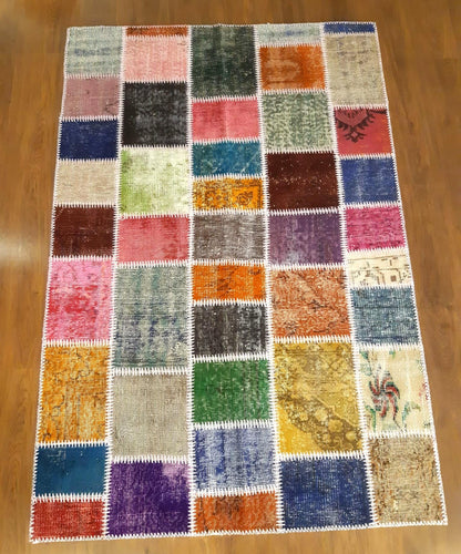 Handmade Wool Patchwork Rug: 4x6 ft Bohemian Turkish Rug