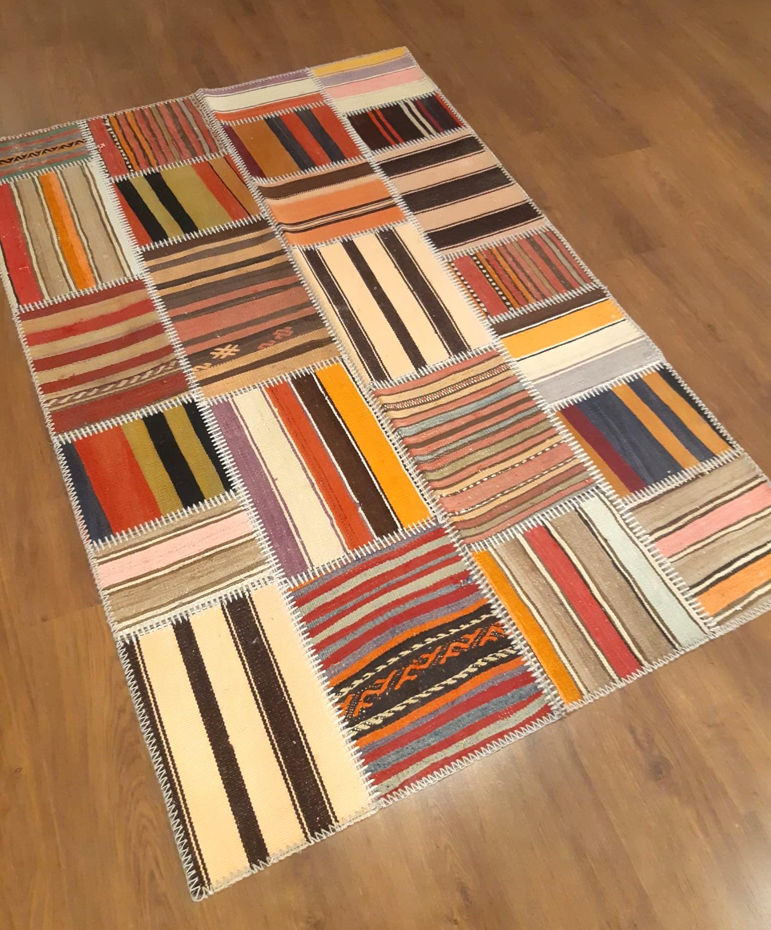4x6, Handmade Wool Turkish Patchwork Rug – Vintage, Bohemian, One-of-a-Kind Area Rug