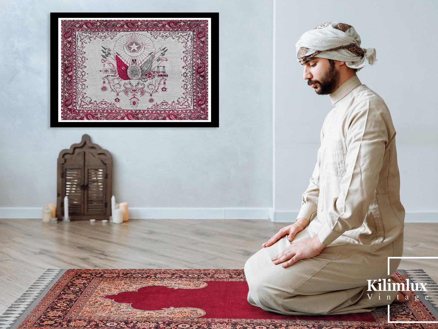 Turkish Prayer Rug, Soft Muslim Prayer Mat, Traditional Ottoman Design