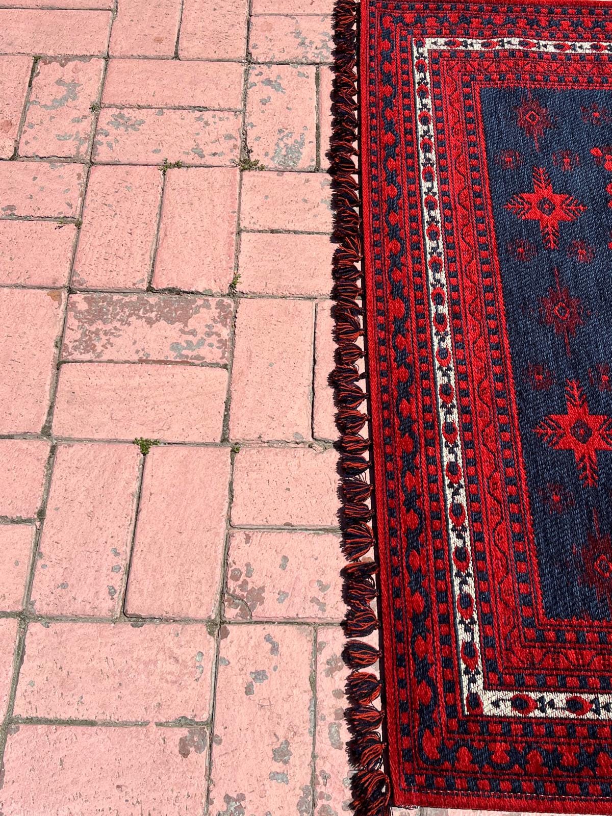 Red & Blue Afghan Rug: Washable Farmhouse Bohemian Decor (3.9 x 5.9 FT)