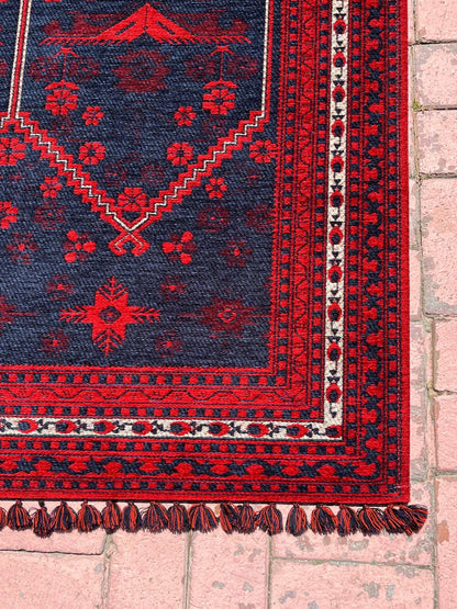 Red & Blue Afghan Rug: Washable Farmhouse Bohemian Decor (3.9 x 5.9 FT)