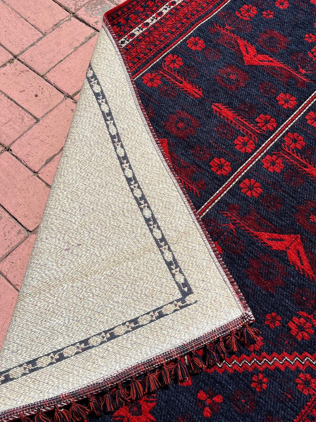 Red & Blue Afghan Rug: Washable Farmhouse Bohemian Decor (3.9 x 5.9 FT)