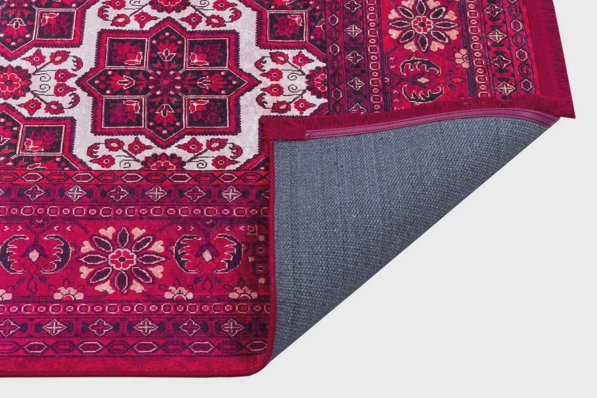 Vintage Red Oriental Afghan Rug: Washable Living Room Carpet with Tassels