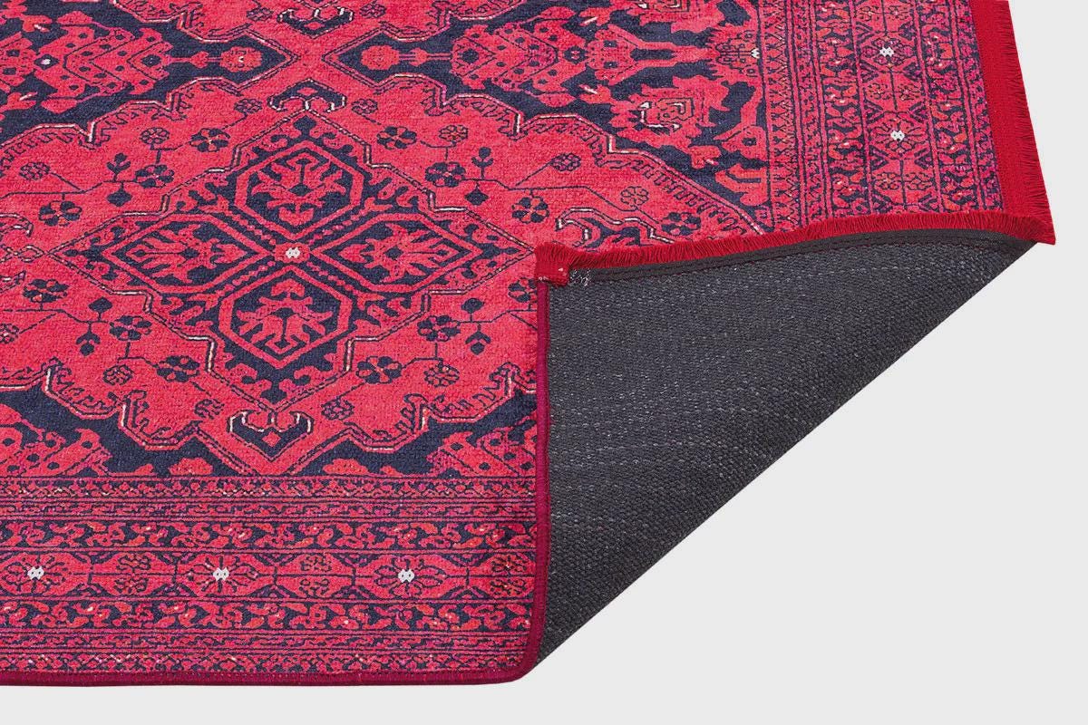 Vintage Red oriental Afghan Rug: Washable Red Carpet with Tassels