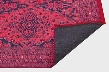Vintage Red oriental Afghan Rug: Washable Red Carpet with Tassels