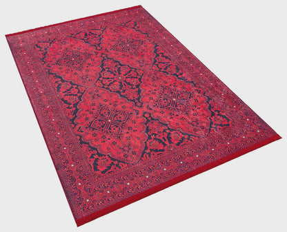 Vintage Red oriental Afghan Rug: Washable Red Carpet with Tassels