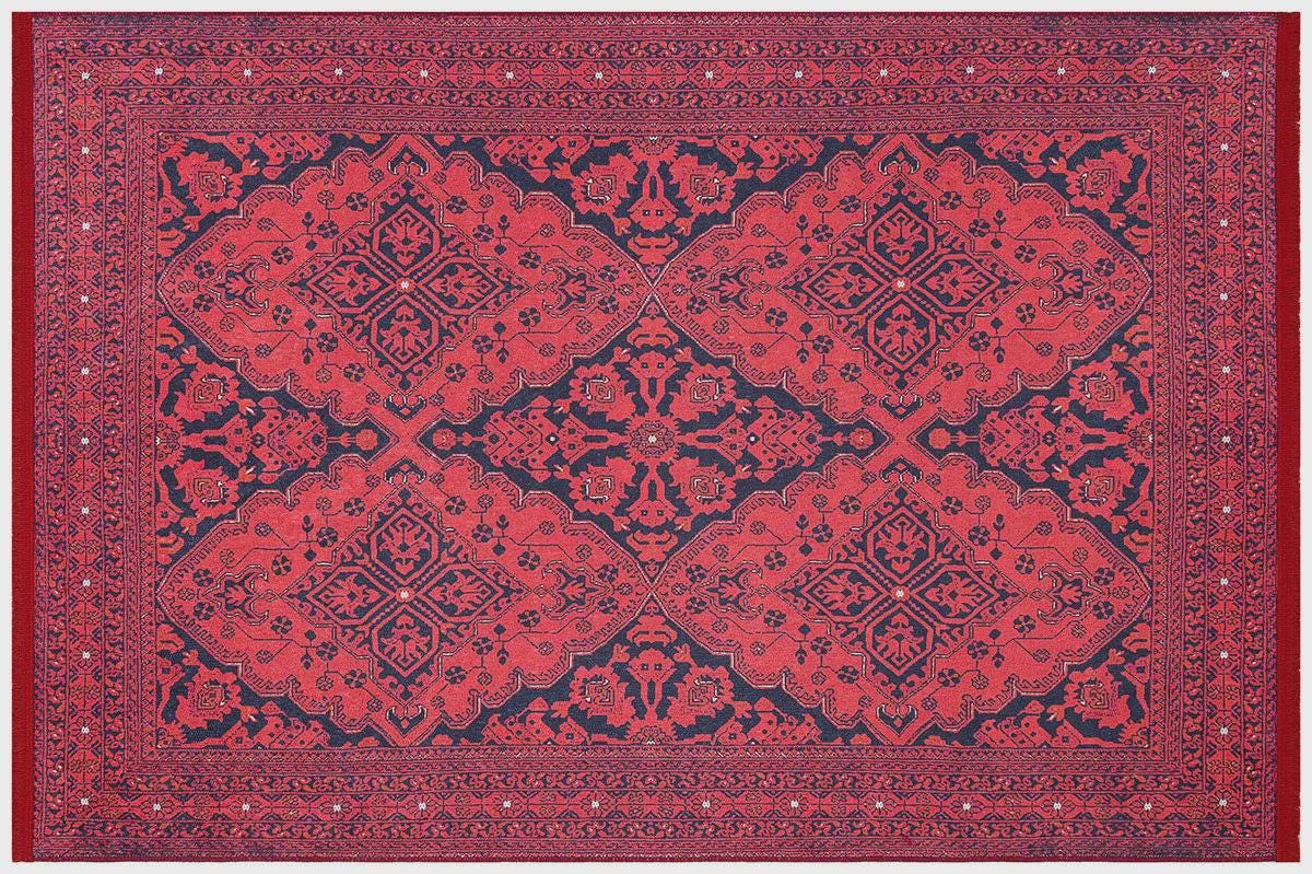 Vintage Red oriental Afghan Rug: Washable Red Carpet with Tassels