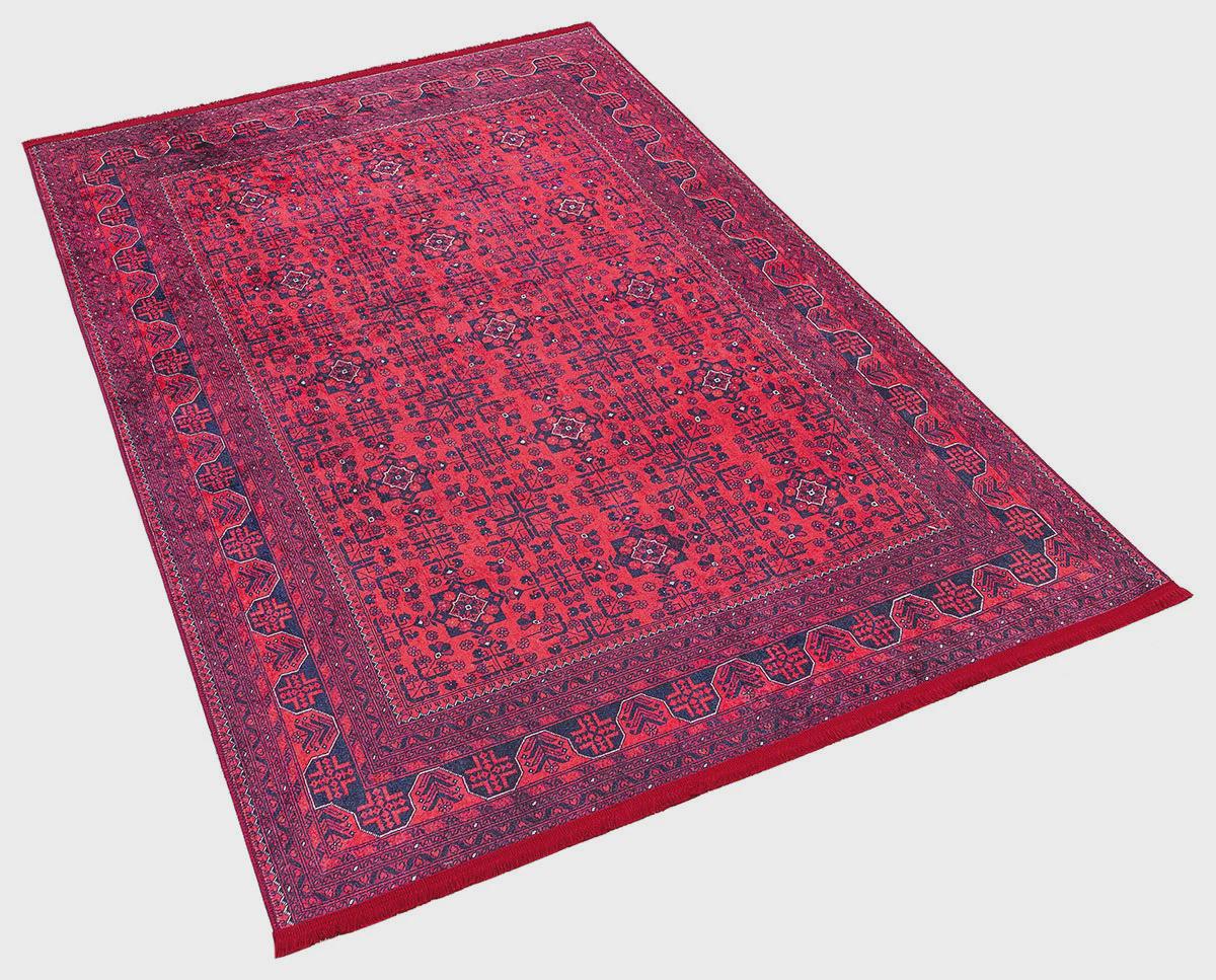 Red Vintage Oriental Afghan Rug: Washable Red Carpet with Tassels