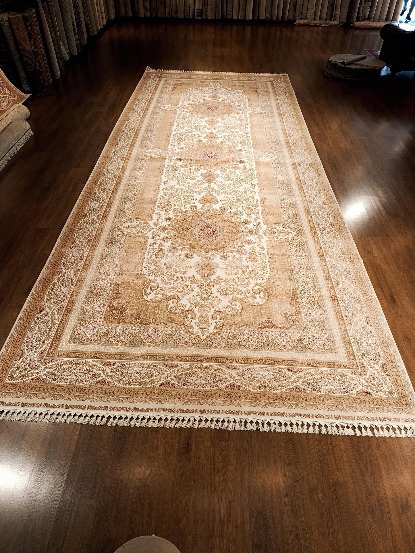 9x23 ft, Large Classic Beige Silk Rug - Distressed Medallion Design Carpet
