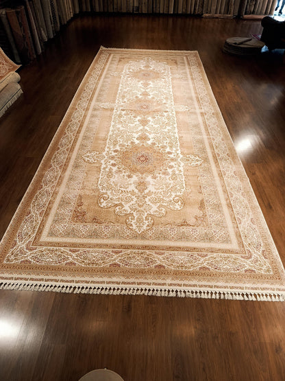 9x23 ft, Large Classic Beige Silk Rug - Distressed Medallion Design Carpet