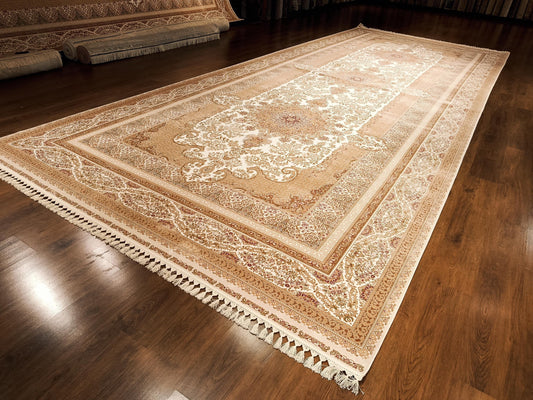 9x23 ft, Large Classic Beige Silk Rug - Distressed Medallion Design Carpet
