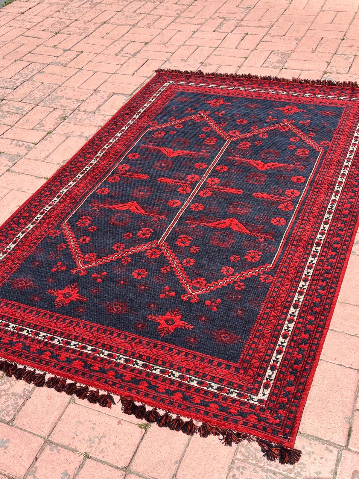 Red & Blue Afghan Rug: Washable Farmhouse Bohemian Decor (3.9 x 5.9 FT)