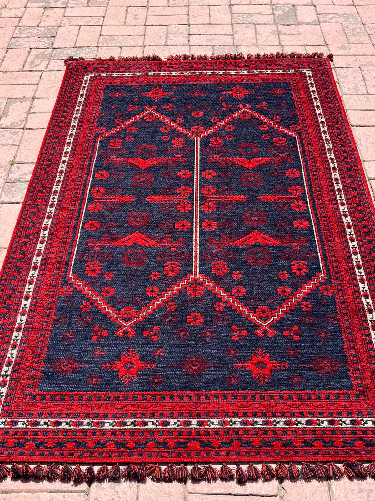 Red & Blue Afghan Rug: Washable Farmhouse Bohemian Decor (3.9 x 5.9 FT)