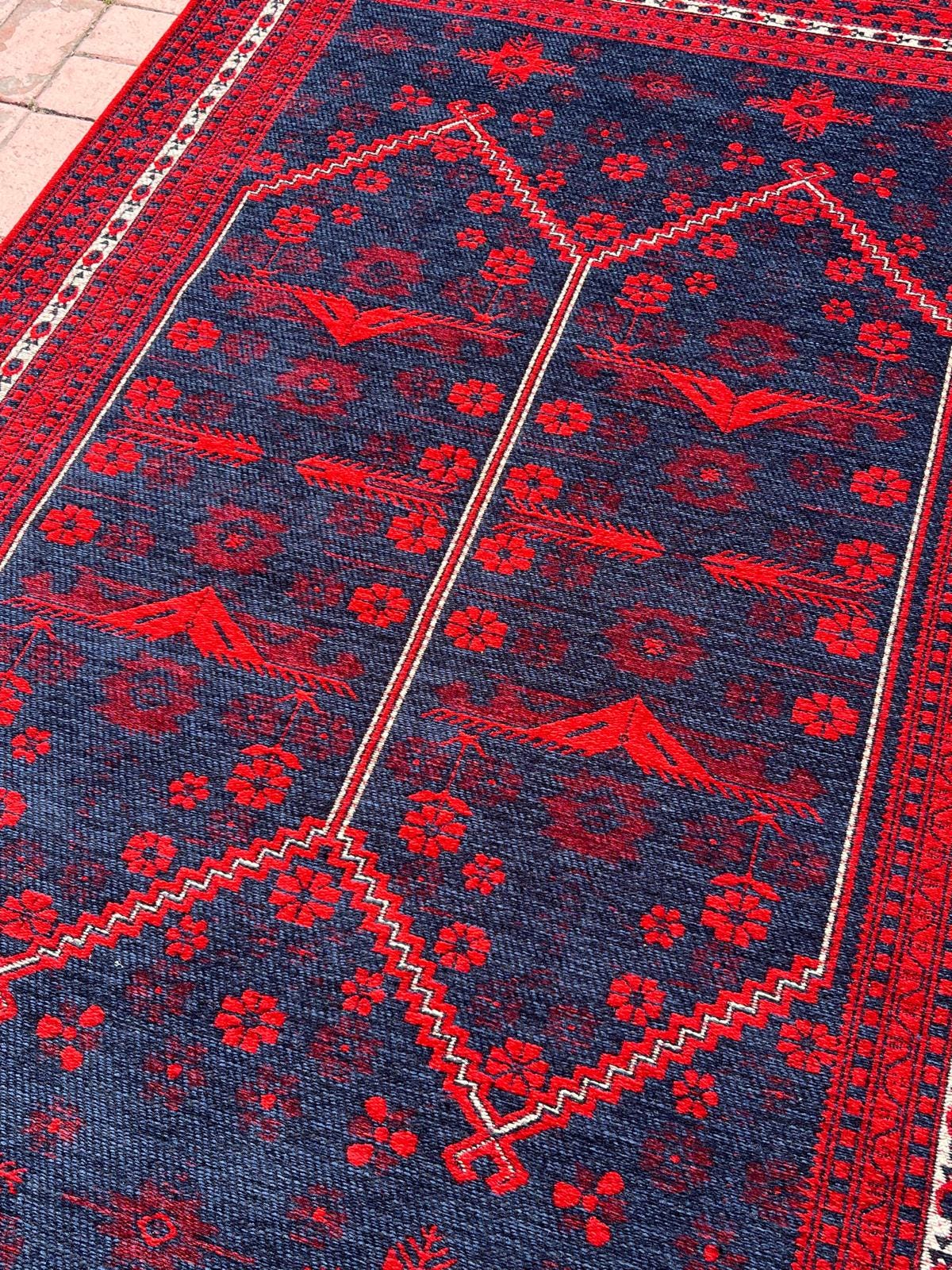 Red & Blue Afghan Rug: Washable Farmhouse Bohemian Decor (3.9 x 5.9 FT)