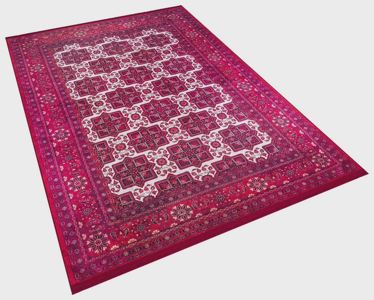 Vintage Red Oriental Afghan Rug: Washable Living Room Carpet with Tassels