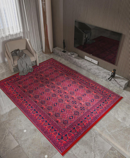 Vintage Red Afghan Rug: Washable Living Room Carpet