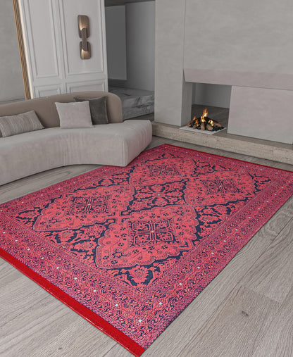 Vintage Red oriental Afghan Rug: Washable Red Carpet with Tassels