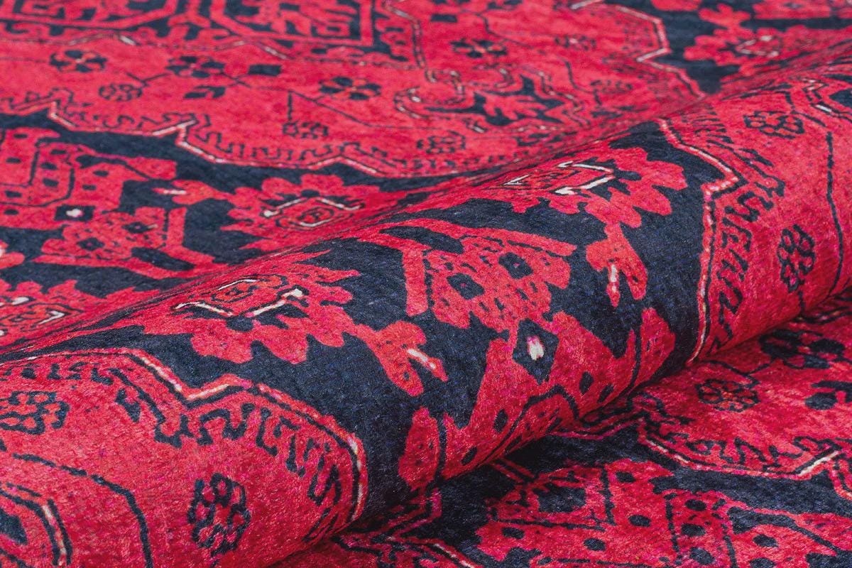 Vintage Red oriental Afghan Rug: Washable Red Carpet with Tassels