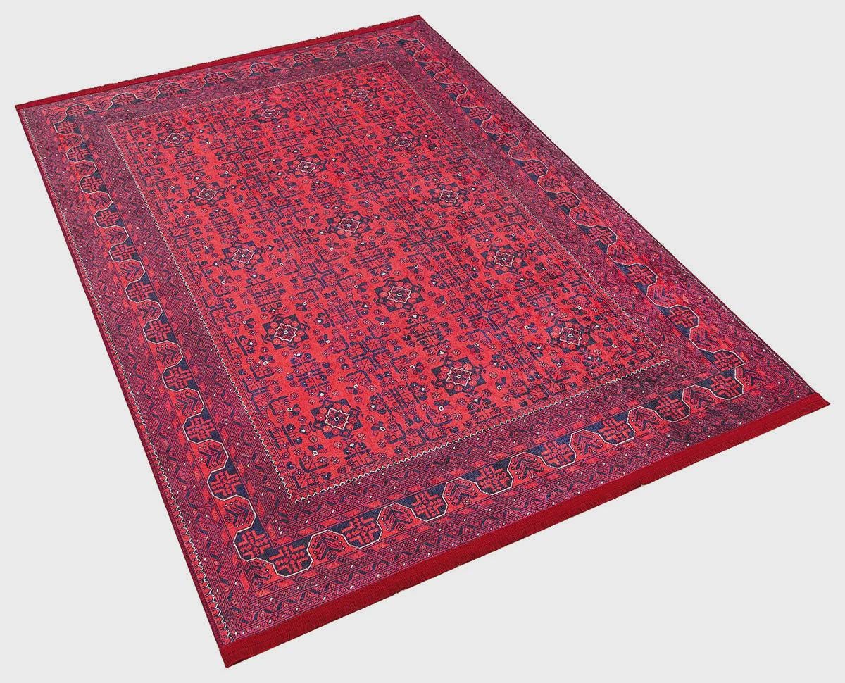 Vintage Red oriental Afghan Rug: Washable Red Area Carpet with Tassels