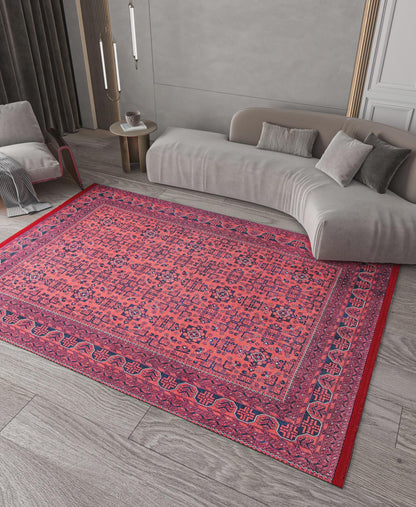 Vintage Red oriental Afghan Rug: Washable Red Area Carpet with Tassels