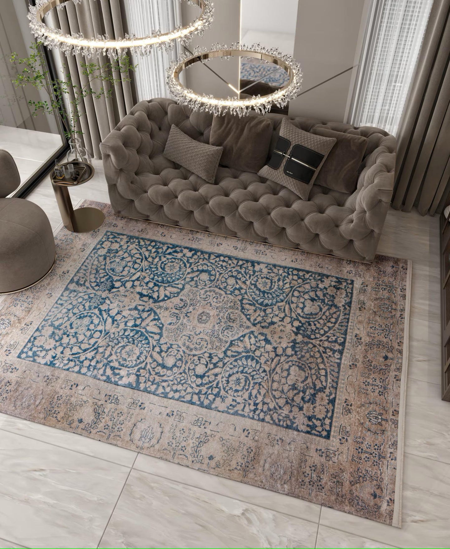 Blue Vintage Rug: Classic Washable Rug with Tassels
