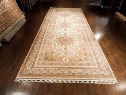 9x23 ft, Large Classic Beige Silk Rug - Distressed Medallion Design Carpet