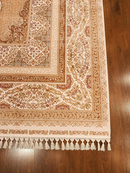9x23 ft, Large Classic Beige Silk Rug - Distressed Medallion Design Carpet