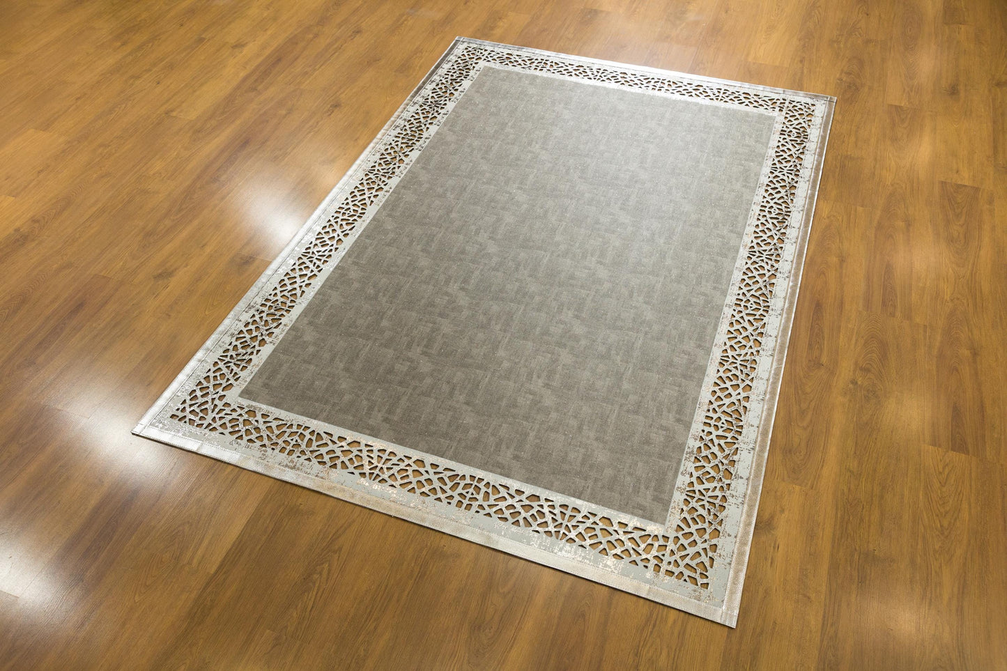 Laser Cut Faux Leather Rug: Modern Geometric Border, Turkish Floor Decor (5x7ft)