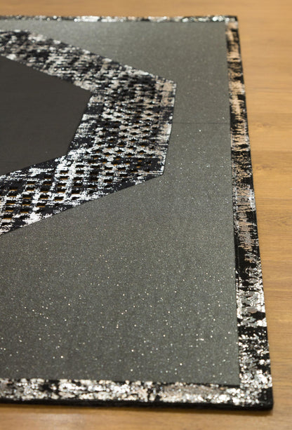 Octagon Faux Leather Rug: 5x7ft Black Modern Laser-Cut Carpet