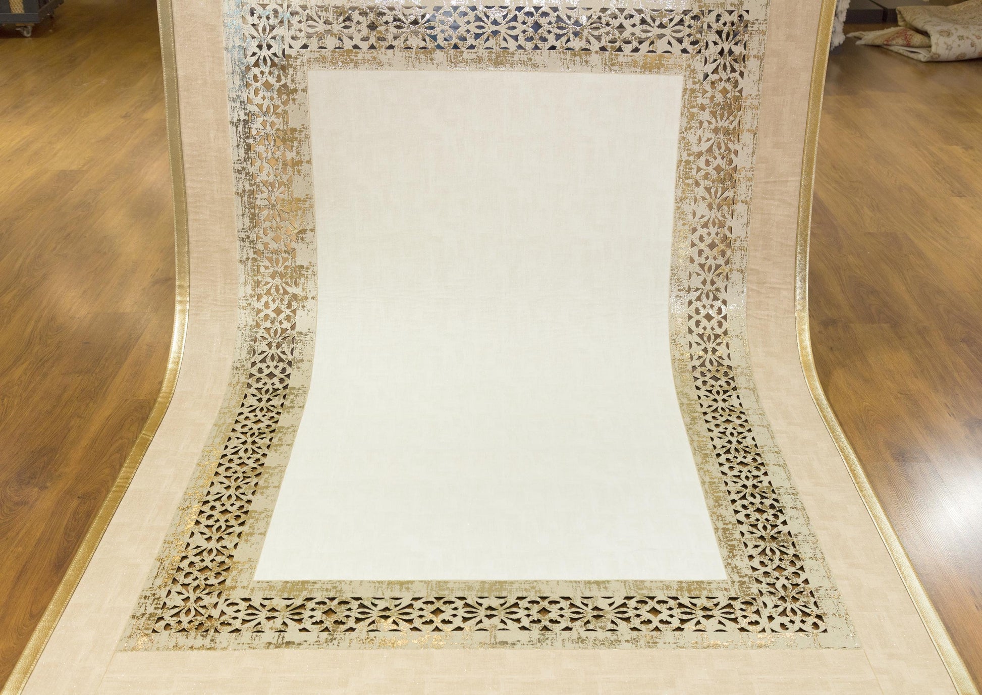 Modern Beige Faux Leather Rug: Laser Cut Border, 5x7 ft, Vegan