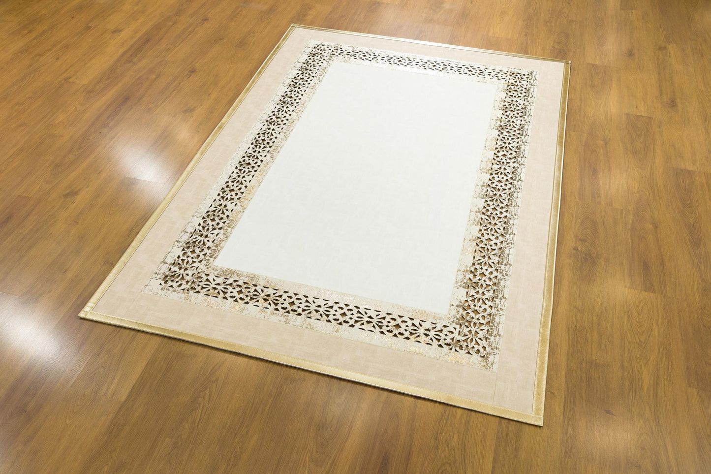 Modern Beige Faux Leather Rug: Laser Cut Border, 5x7 ft, Vegan