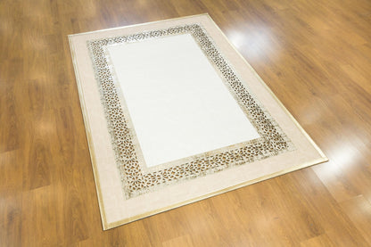 Modern Beige Faux Leather Rug: Laser Cut Border, 5x7 ft, Vegan