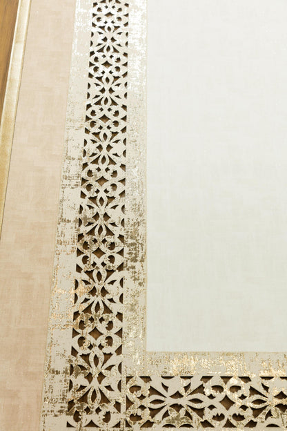 Modern Beige Faux Leather Rug: Laser Cut Border, 5x7 ft, Vegan