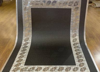 Black Faux Leather Rug: Laser Cut Silver Border, Modern Turkish Design (5x7 ft.)