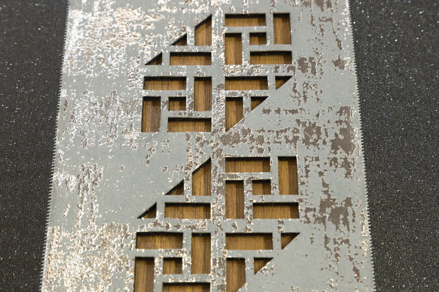 Black Faux Leather Rug: Laser Cut Silver Border, Modern Turkish Design (5x7 ft.)