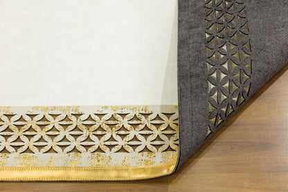 White Faux Leather Rug: Gold Laser-Cut Border, Modern Vegan Carpet