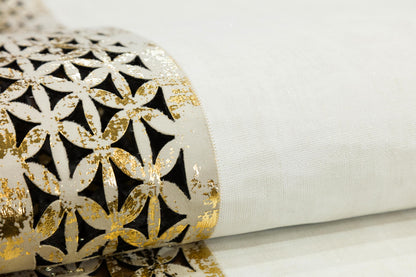White Faux Leather Rug: Gold Laser-Cut Border, Modern Vegan Carpet