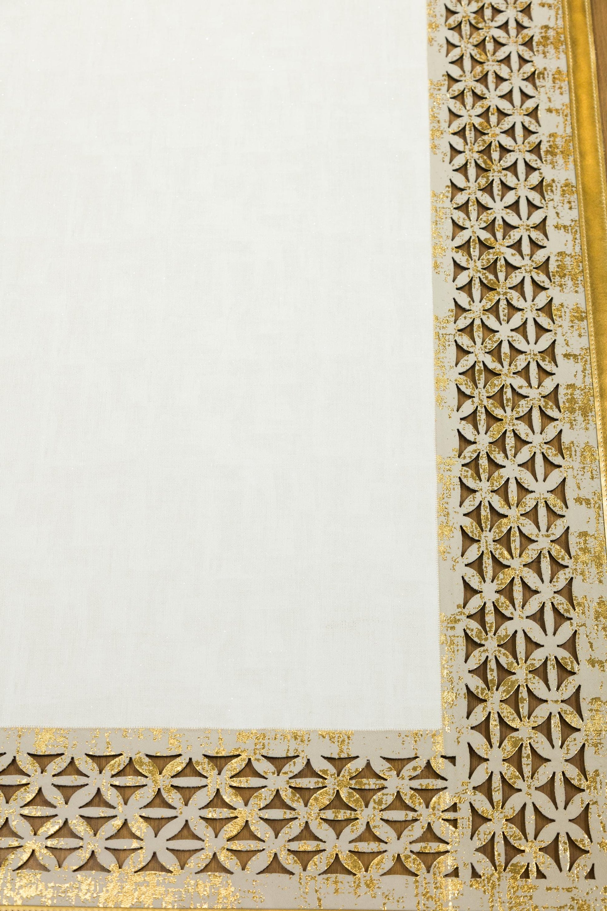 White Faux Leather Rug: Gold Laser-Cut Border, Modern Vegan Carpet