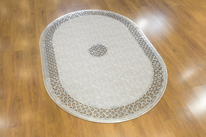 5x7ft, Oval Laser Cut Faux Leather Rug – Turkish Artificial Leather Carpet with Geometric Border
