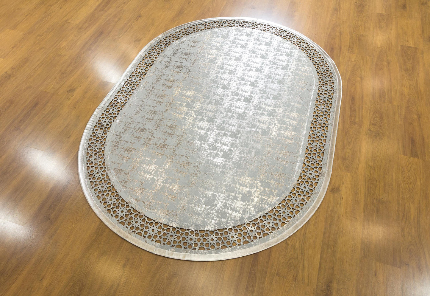 Laser Cut Faux Leather Rug: Beige Geometric Turkish Carpet, 5x7 ft