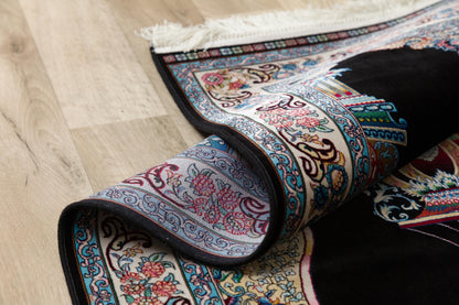 Dark Silk-Look Prayer Rug: Islamic Mihrab Design with Fringe
