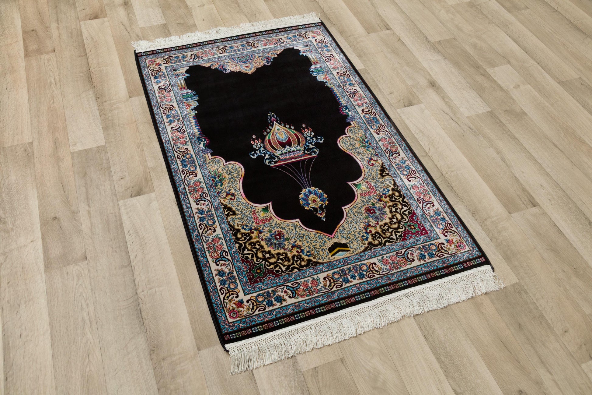 Dark Silk-Look Prayer Rug: Islamic Mihrab Design with Fringe